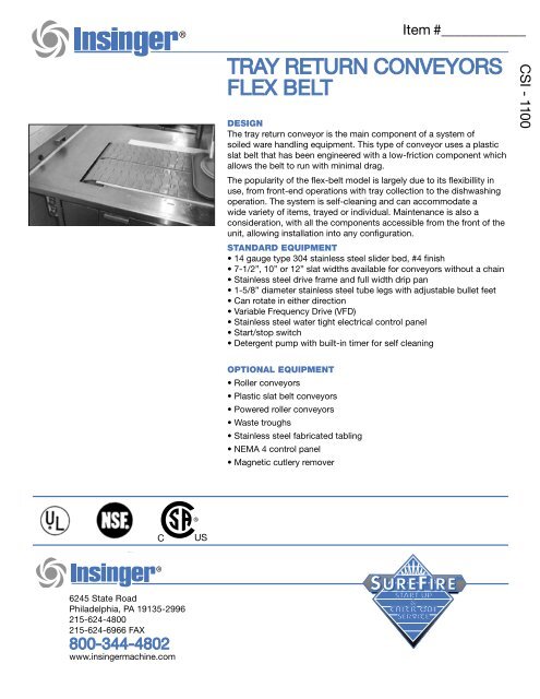 tray return conveyors flex belt - Insinger Machine Company