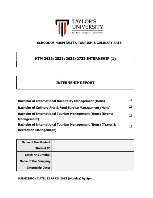 internship report - Taylor's University Industrial Training System