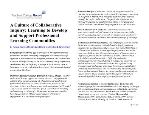 A Culture of Collaborative Inquiry: Learning to Develop and Support ...