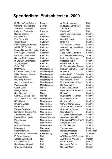 Spenderliste Endschiessen 2009 - MSV Rufi-Maseltrangen