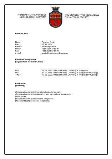 Ð Ð¾ÑÐ¸Ñ ÐÐ²Ð¾Ð·Ð´ÐµÐ½ - Medicinski fakultet Kragujevac - Univerzitet u ...