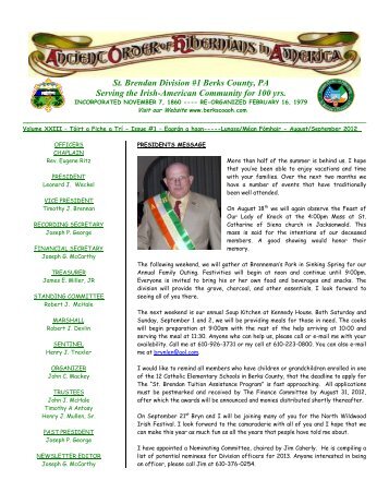 St. Brendan Division #1 Berks County, PA Serving the Irish ...