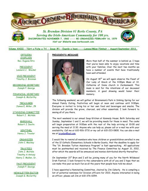 St. Brendan Division #1 Berks County, PA Serving the Irish ...