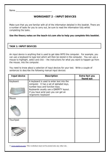 WORKSHEET 2 - INPUT DEVICES - Teach ICT