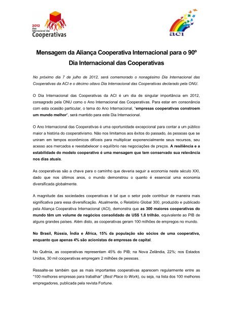 Mensagem da Aliança Cooperativa Internacional para o 90º Dia ...