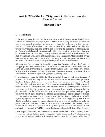 Article 39.3 of the TRIPS Agreement: Its Genesis and Present Context