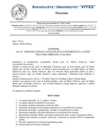 Zapisnik Senata 18. sjednica - 28.06.2010 - "VITEZ" Travnik