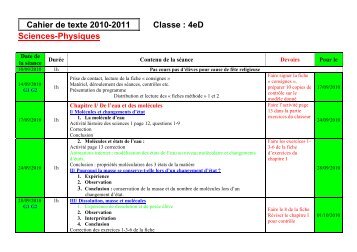 Cahier de texte 2010-2011 Classe : 4eD Sciences-Physiques