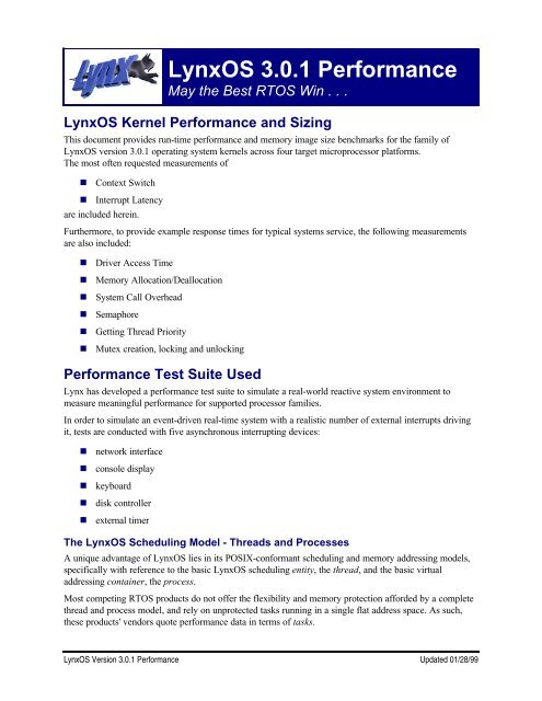 LynxOs 3.0.1 Performance - May the Best RTOS Win