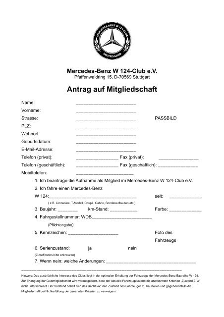 Antrag auf Mitgliedschaft - beim Mercedes-Benz W 124-Club