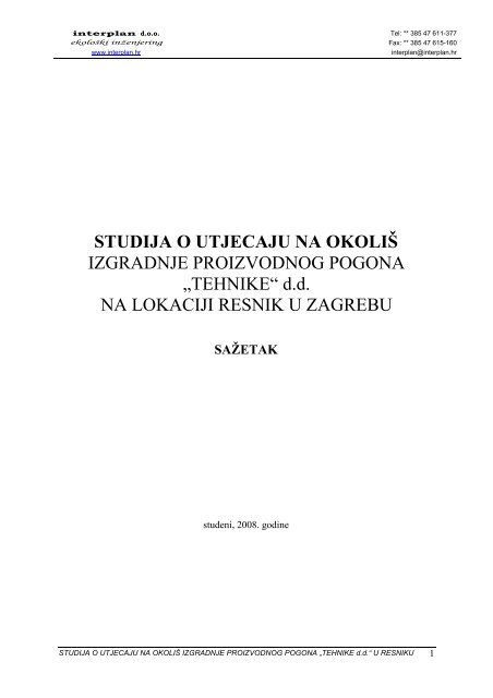 STUDIJA O UTJECAJU NA OKOLIÅ  IZGRADNJE ... - Zagreb.hr