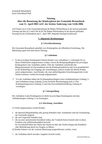 Satzung Ã¼ber die Benutzung der KindergÃ¤rten der ... - Braunsbach