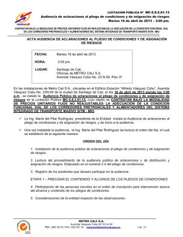 Acta Audiencia de aclaraciones al pliego y Asignacion de riesgos