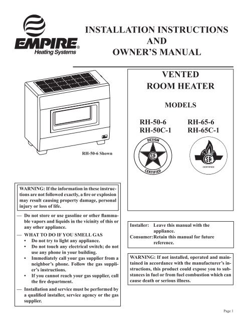 installation instructions and owner's manual - Empire Heating Systems
