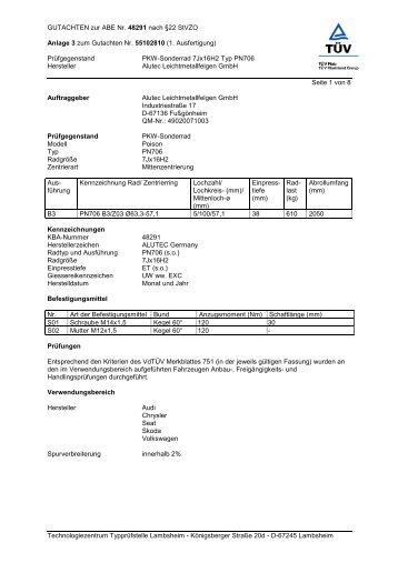 GUTACHTEN zur ABE Nr. 48291 nach Â§22 StVZO ... - A1talk.de