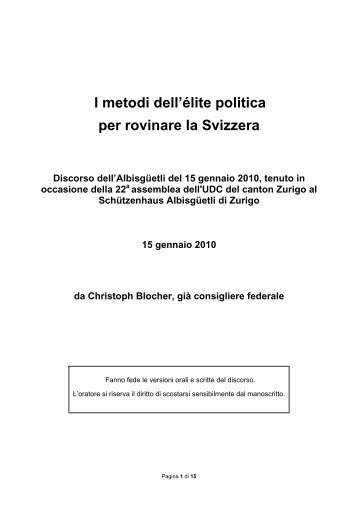 I metodi dell'Ã©lite politica per rovinare la Svizzera - Christoph Blocher