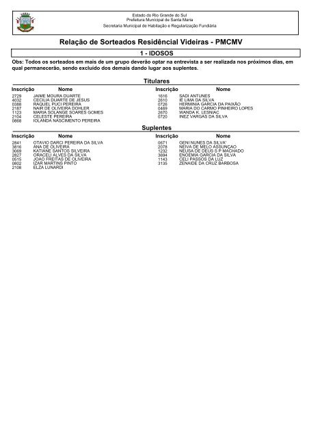 RelaÃ§Ã£o de Sorteados ResidÃªncial Videiras - PMCMV - Prefeitura ...
