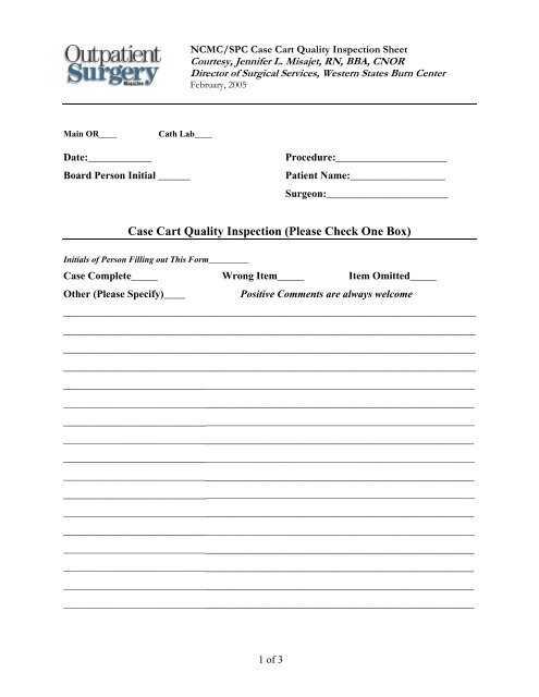 NCMC/SPC Case Cart Quality Inspection Sheet - Outpatient Surgery ...