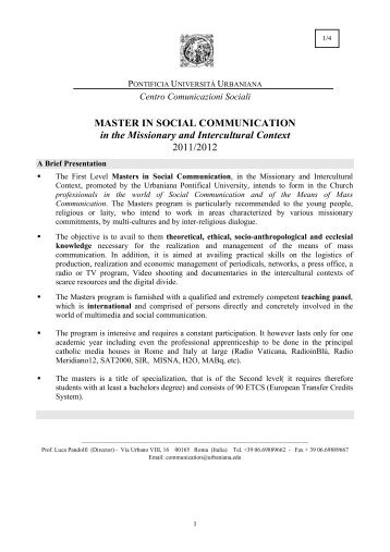 Master CSIM 2011-2012 English - Pontificia UniversitÃ  Urbaniana