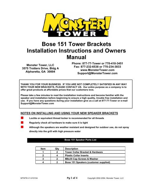 Bose 151 Tower Brackets Installation Instructions ... - Monster Tower