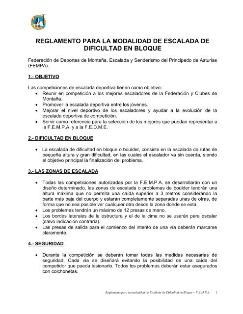 REGLAMENTO PARA LA MODALIDAD DE ESCALADA DE ... - fempa