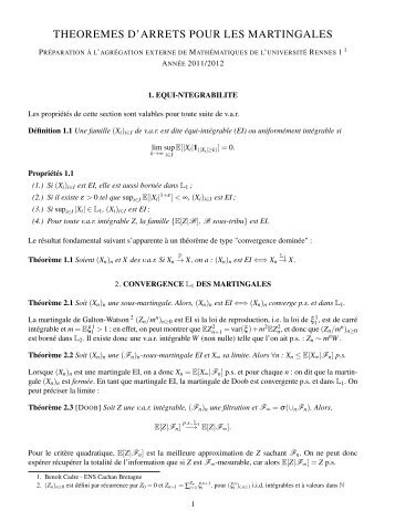 THEOREMES D'ARRETS POUR LES MARTINGALES - ENS de ...