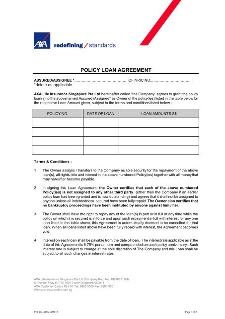 Policy Loan Agreement Form - AXA Life Insurance Singapore