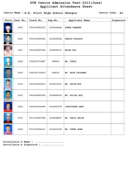 DTE Centre Admission Test-2013(June) Applicant Attendance Sheet