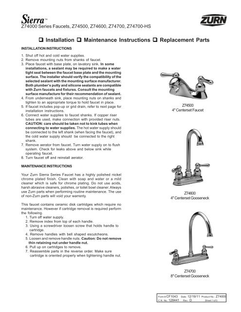 Installation Maintenance Instructions Replacement Parts Zurn