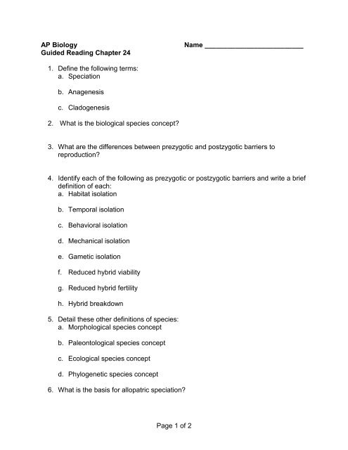 Page 1 of 2 AP Biology Name Guided Reading Chapter 24 1. Define ...