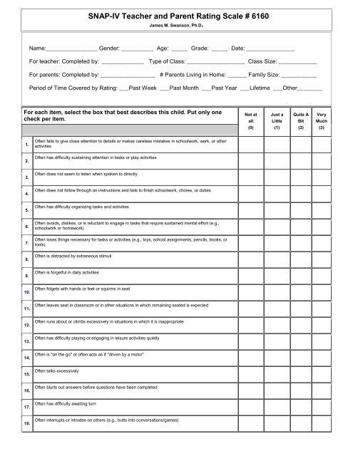 SNAP-IV Teacher and Parent Rating Scale # 6160