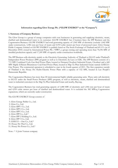 Information Memorandum of Glow Energy Public ... - Investor Relations