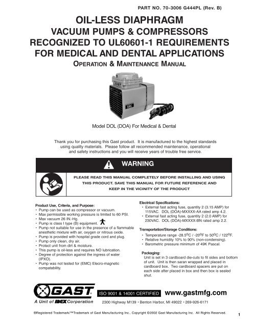 DOL & DOA UL60601-1 Recognized Vacuum Pumps and