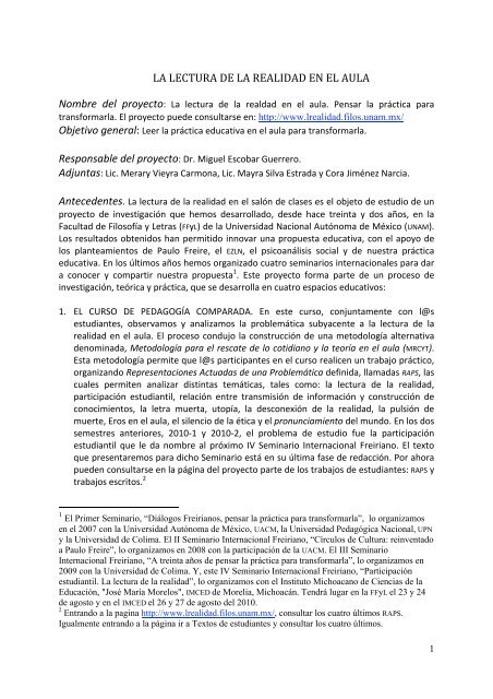 la lectura de la realidad en el aula - Repositorio de la Facultad de ...