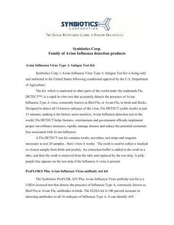 Synbiotics Corp. Family of Avian Influenza detection products