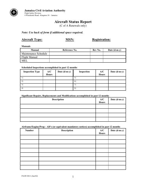 C of A Renewal Status Report - Jamaica Civil Aviation Authority