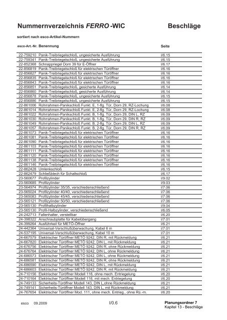 Nummernverzeichnis FERRO - esco | Metallbausysteme - esco ...