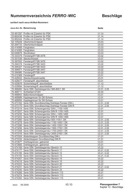 Nummernverzeichnis FERRO - esco | Metallbausysteme - esco ...