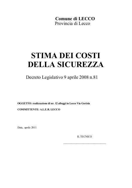 STIMA DEI COSTI DELLA SICUREZZA - Aler Lecco