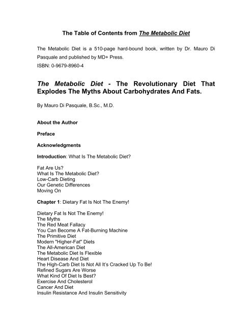 The Table of Contents from The Metabolic Diet - MD+ Store