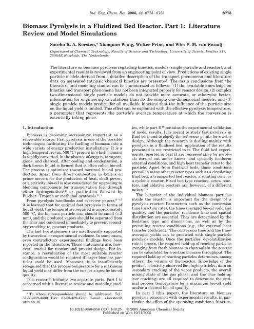 Biomass Pyrolysis in a Fluidized Bed Reactor. Part 1: Literature ...