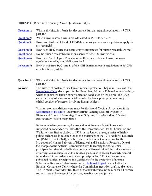OHRP 45 CFR part 46 Frequently Asked Questions ... - HHS Archive