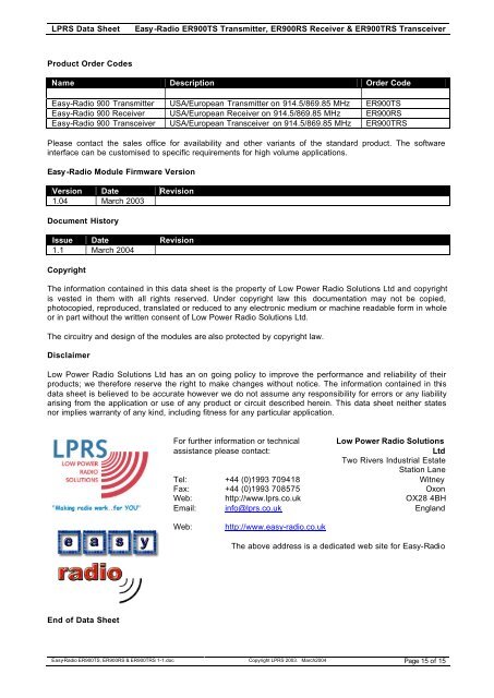 EasyRadio Transceiver Module Datasheet - AVRcard