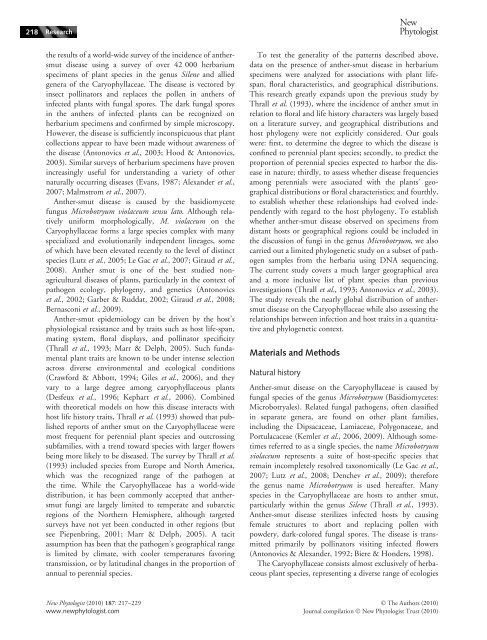 Distribution of the anthersmut pathogen Microbotryum on species of ...