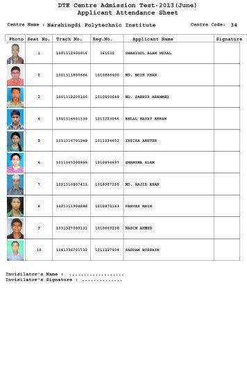 DTE Centre Admission Test-2013(June) Applicant Attendance Sheet