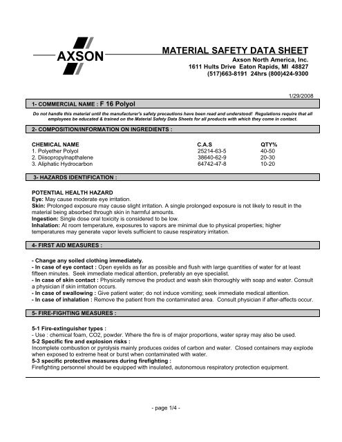 Polyol MSDS - Axson North America, Inc