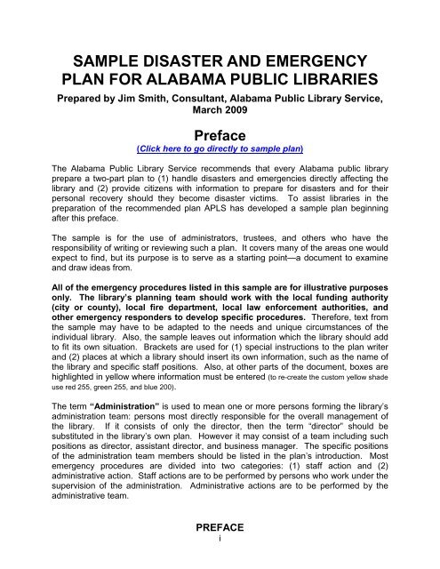 sample disaster and emergency plan for alabama public libraries