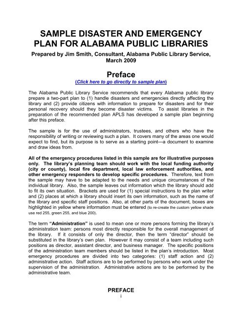 Sample Disaster And Emergency Plan For Alabama Public Libraries
