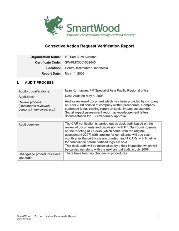 Corrective Action Request Verification Report - Rainforest Alliance