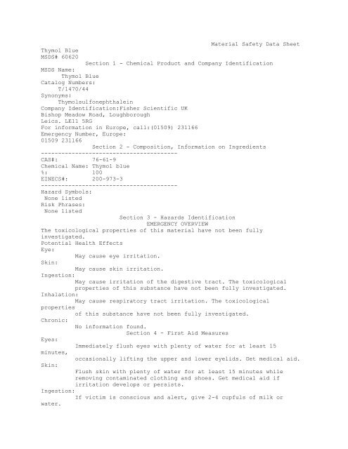 Material Safety Data Sheet Thymol Blue MSDS# 60620 Section 1 ...